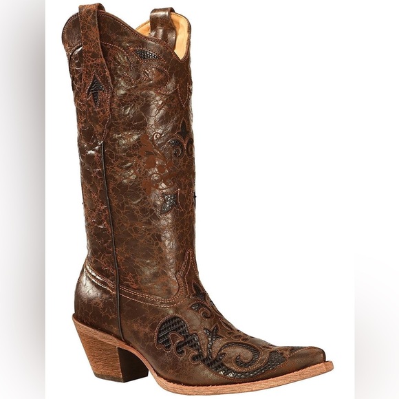 Corral Shoes - Corral Boots Brown Distressed Lizard Inlay Snip Toe style C2118, Sz 7